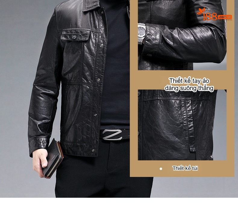 Áo Khoác Da Thật Nam Kiểu Ngắn Cổ Bẻ Da Bò Sáp Dầu Phong Cách Biker Màu Đen chi tiết 4
