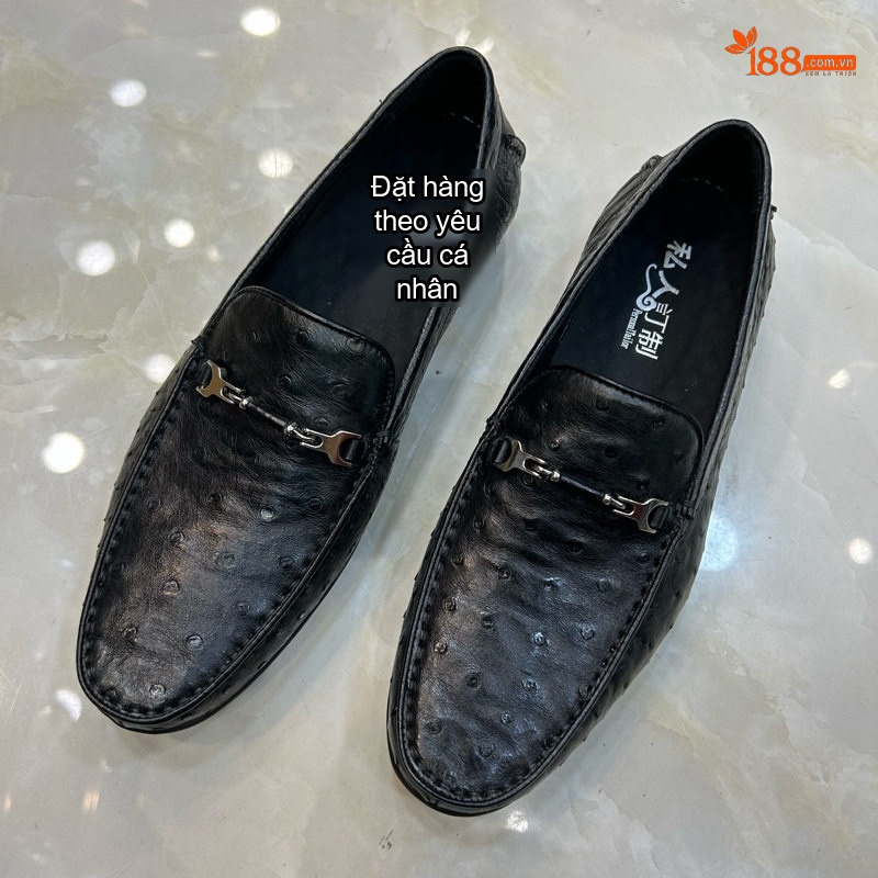 Giày Lười Nam Da Đà Điểu Chiều Cao Đế Khoảng 2cm Màu Đen