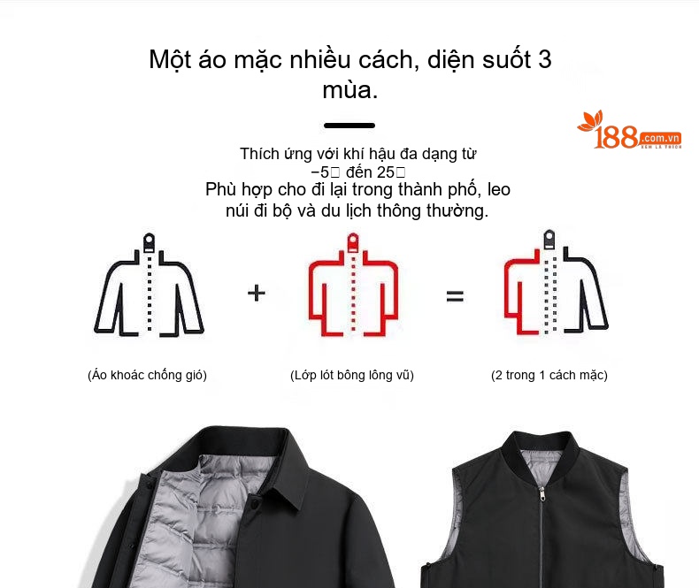 Áo Khoác Phao Nam Dáng Dài Lót Lông Vũ Trắng Tháo Rời Màu Đen, Xám chi tiết 7