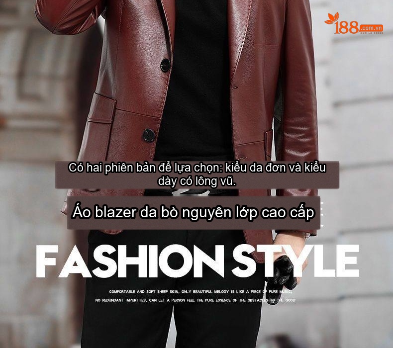 Áo Khoác Blazer Da Bò Nam Dáng Ôm Phong Cách Doanh Nhân Màu Đỏ Rượu Vang, Đen chi tiết 2