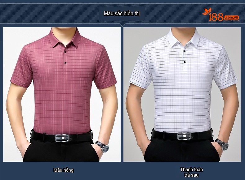 Áo Thun Polo Nam Lụa Tằm Cao Cấp Họa Tiết Kẻ Caro Ngắn Tay Màu Đỏ Tía, Trắng chi tiết 4