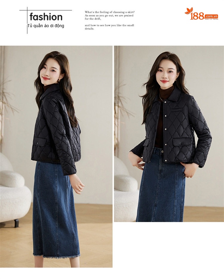 Áo Khoác Cotton Chần Bông Dáng Ngắn Cổ Bẻ Phong Cách Tiểu Thư Màu Nâu, Trắng, Đen chi tiết 27