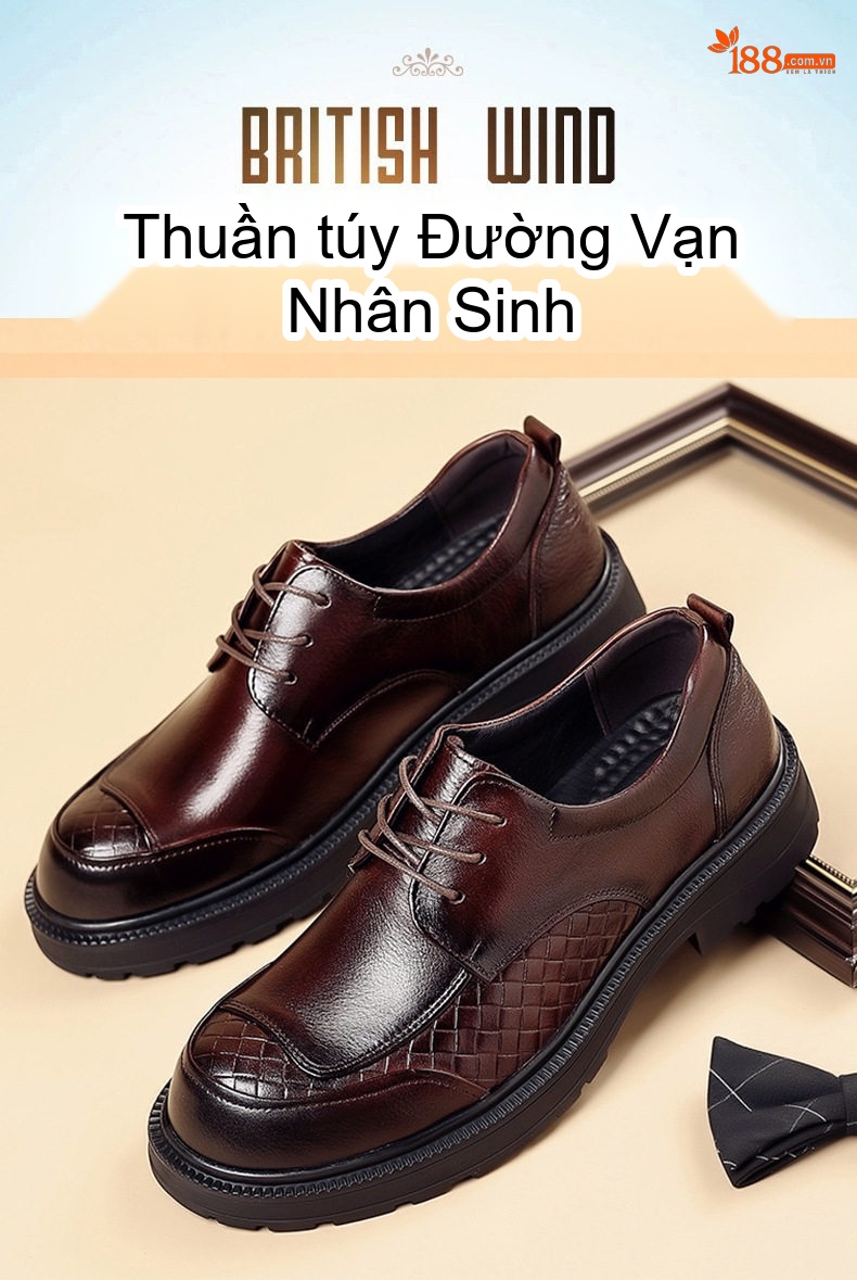 Giày Tây Buộc Dây Nam Da Bò Chiều Cao Đế Khoảng 3.5cm Màu Đen, Nâu chi tiết 1