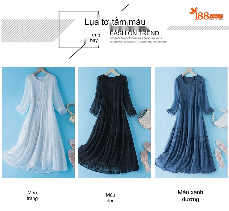 Đầm Suông Nữ Lụa Tằm Thượng Hạng Thêu Hoa Thời Trang Màu Xanh, Trắng, Đen chi tiết 1
