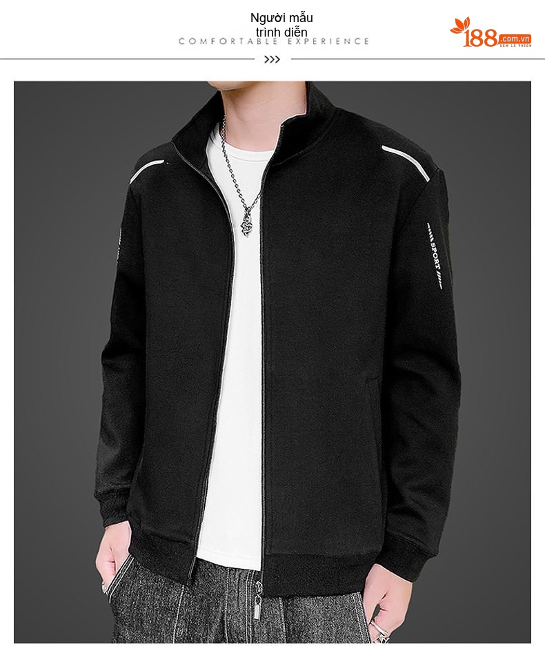 Áo Khoác Cardigan Nam Dáng Bomber Khóa Kéo Phong Cách Thể Thao Màu Xám, Xanh Navy, Đen, Đỏ chi tiết 5