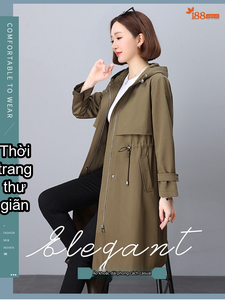 Áo Khoác Gió Dáng Dài Nữ Có Mũ Trùm Đầu Dây Rút Thon Gọn Phong Cách Hàn Quốc Màu Xanh Olive chi tiết 1