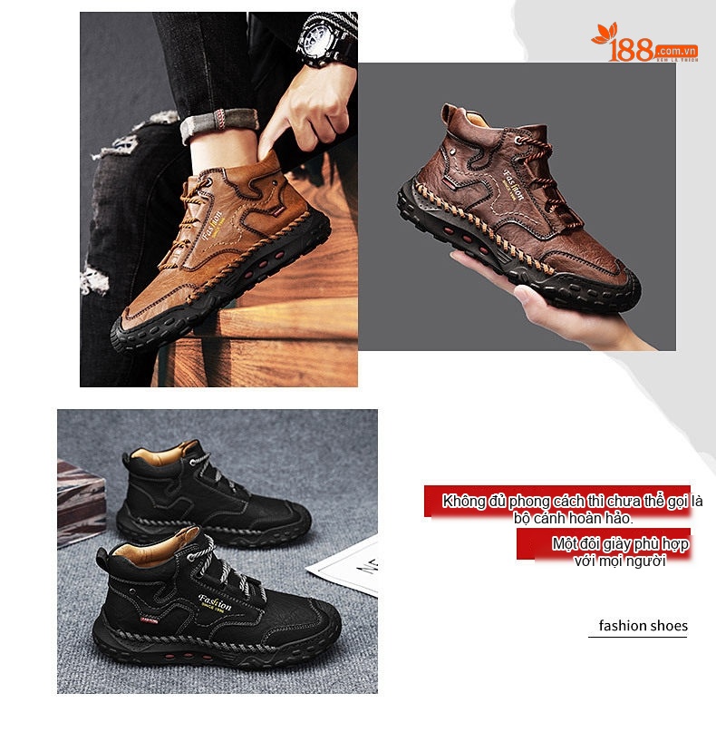 Giày Boot Nam Cổ Cao Dây Buộc Da Bóng Phong Cách Casual Chiều Cao Đế Khoảng 3cm Màu Nâu chi tiết 3