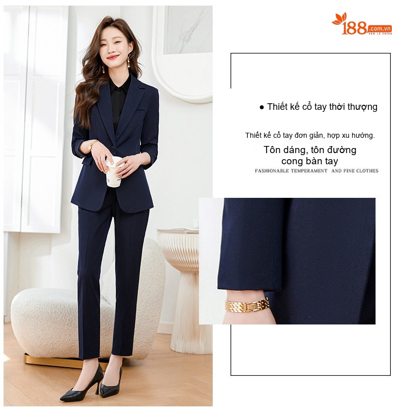 Bộ Vest Nữ Công Sở Dáng Ôm Thanh Lịch Màu Đen, Xám, Xám Gạo, Xanh Than chi tiết 4
