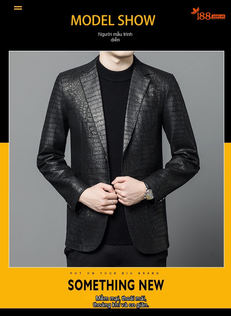 Áo Khoác Blazer Nam Da Cừu Thật Vân Cá Sấu Lịch Lãm Màu Đen chi tiết 7