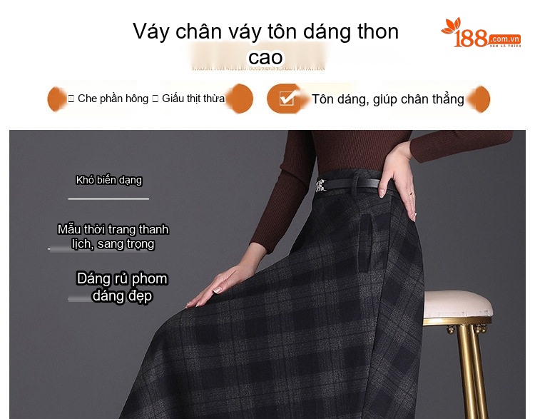 Chân Váy Nữ Caro dáng chữ A Dài Qua Gối Phong Cách Hàn Quốc Chất Liệu Lông Cừu Màu Xám chi tiết 2