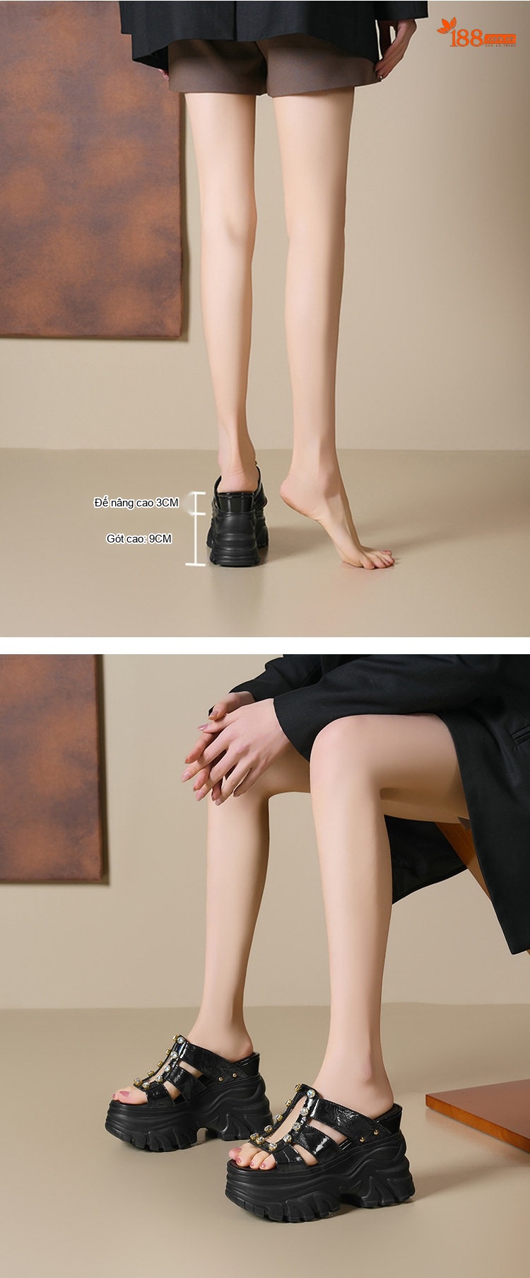 Dép sandal nữ quai ngang da bóng đính đá đế xuồng cao 5-6 cm chi tiết 3