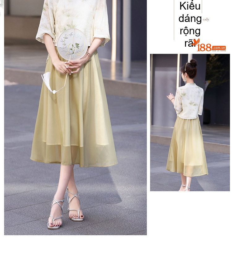 Set Áo Kiểu Tay Lỡ Họa Tiết Cổ Tàu và Chân Váy Chữ A Lưng Cao Phong Cách Trung Hoa Màu Vàng, Xanh chi tiết 14
