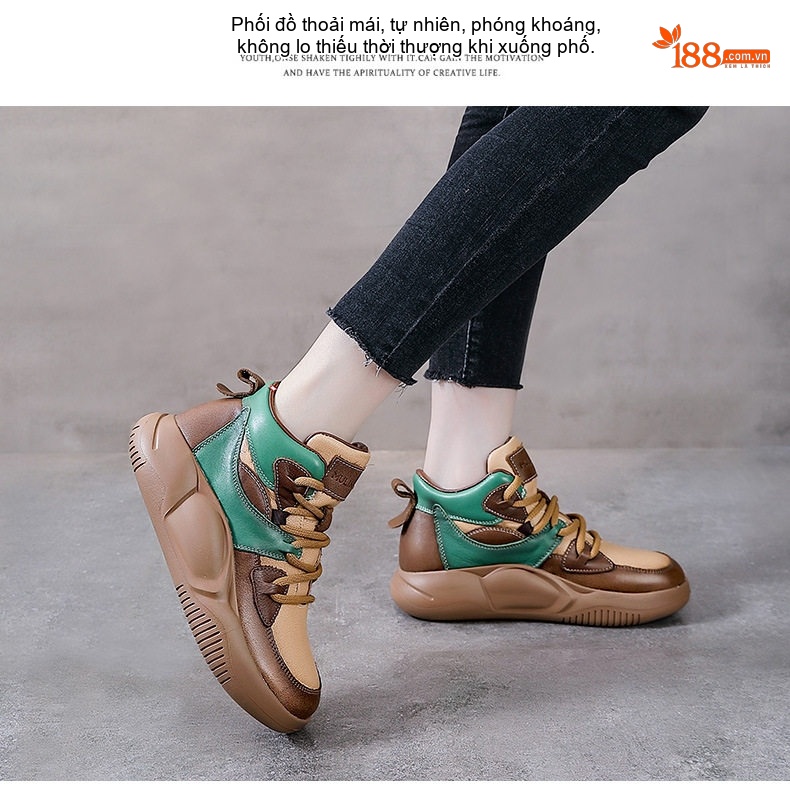 Giày Boot Nữ Da Bò Cổ Cao Thắt Dây Chiều Cao Đế Khoảng 5cm Màu Nâu, Vàng Be, Xanh Lá chi tiết 15