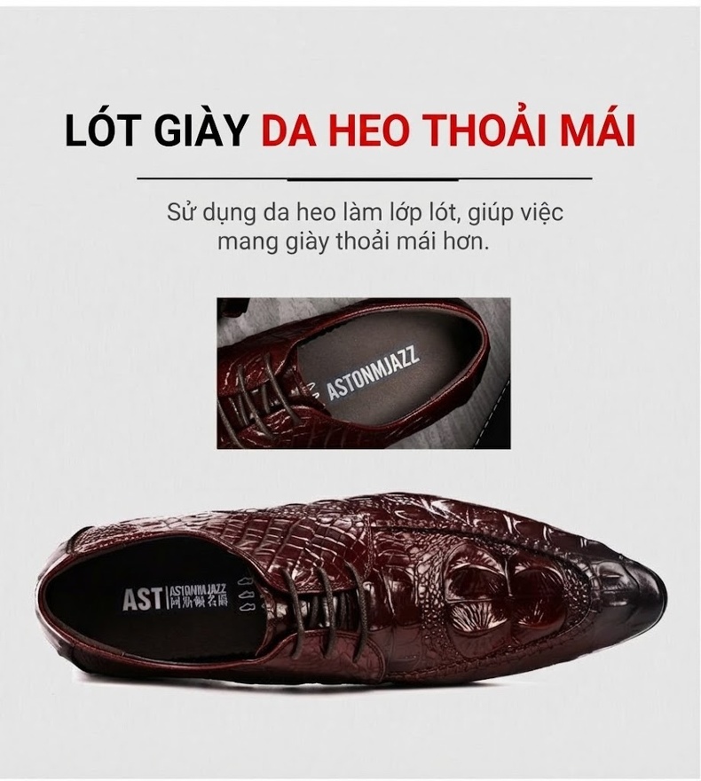 Giày Tây Buộc Dây Nam Da Thật Vân Cá Sấu Chiều Cao Đế Khoảng 3cm Màu Đen, Nâu Đỏ, Nâu chi tiết 8