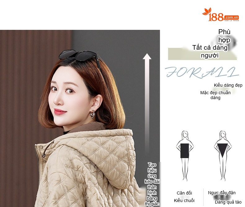 Áo Khoác Phao Nữ Trám Ô Nhỏ Dáng Ngắn Có Mũ Trùm Cotton Màu Be chi tiết 7