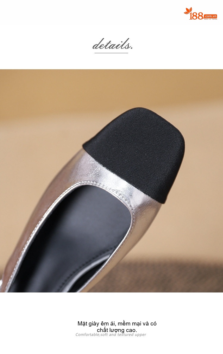 Giày Slingback Nữ Mũi Vuông Gót Trụ Bít Mũi Hở Gót Chiều Cao Đế Khoảng 3.5cm Màu Đen, Kem, Bạc chi tiết 6
