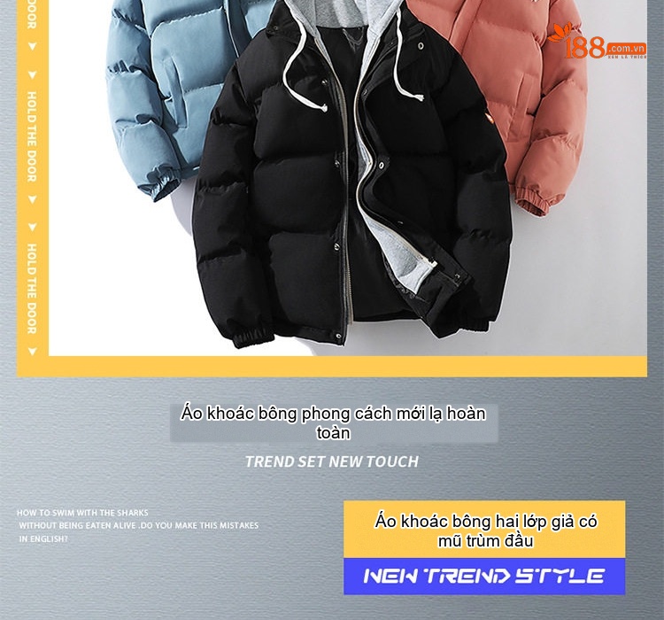 Áo Khoác Cotton Có Mũ Nam Nữ Dáng Rộng Phong Cách Hàn Quốc Giả Hai Lớp Dày Dặn Giữ Ấm Màu Đen, Xanh, Hồng, Trắng... chi tiết 1