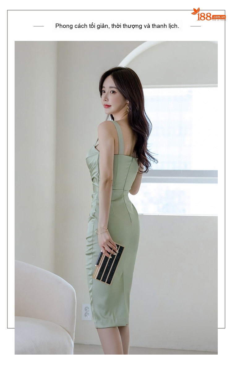 Váy Hai Dây Nữ Dáng Ôm Chiều Dài Vừa Phải Thiết Kế Nhún Bèo Màu Xanh Bạc Hà chi tiết 3