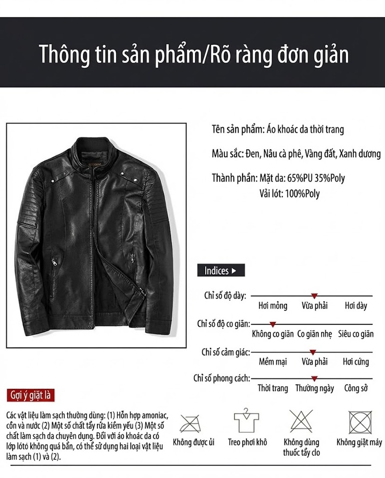 Áo Khoác Da PU Nam Hàn Quốc Dáng Ôm Thời Trang Thu Đông Màu Đen, Nâu, Xanh Navy chi tiết 9