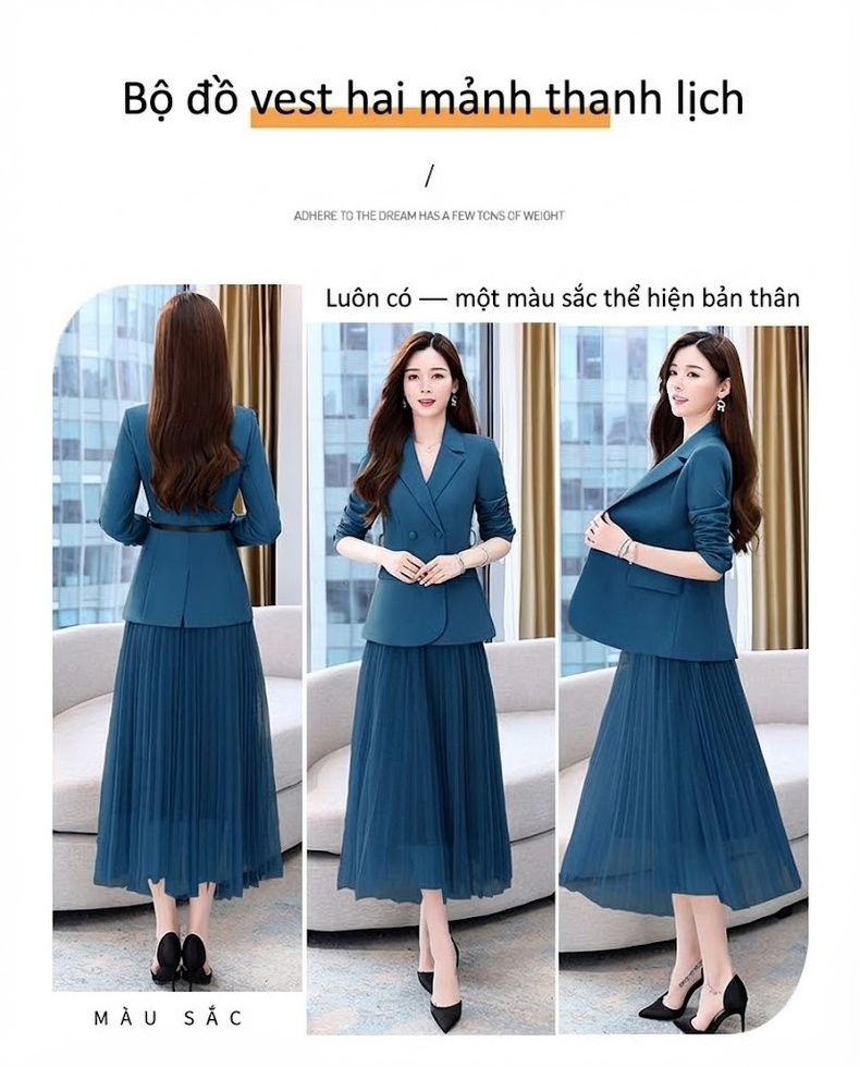 Bộ Vest Blazer Nữ Chân Váy Lưới Dáng Dài Thời Trang Thu Đông Màu Nâu, Đen, Xanh, Cam chi tiết 9