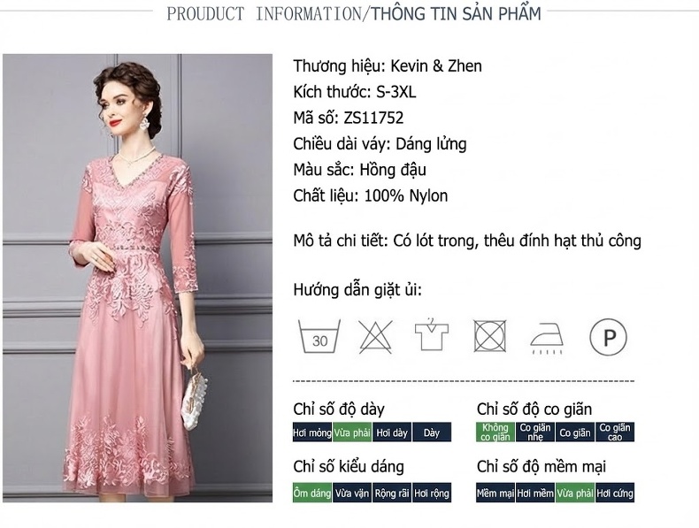 Váy Dài Tay Lỡ Cổ chữ V Thêu Hoa Đính Đá Ôm Eo dáng chữ A Màu Hồng chi tiết 19
