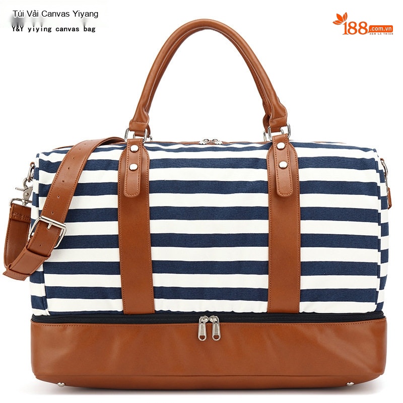 Túi Du Lịch Vải Canvas Chống Nước, Túi Xách Tay, Túi Tập Gym Màu Sọc Xanh Navy, Trắng