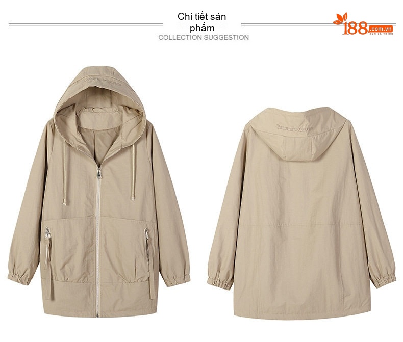 Áo Khoác Gió Nữ Dáng Dài Vừa Vải Cotton Form Rộng Hàn Quốc Có Mũ Trùm Đầu Màu Be, Nâu chi tiết 23