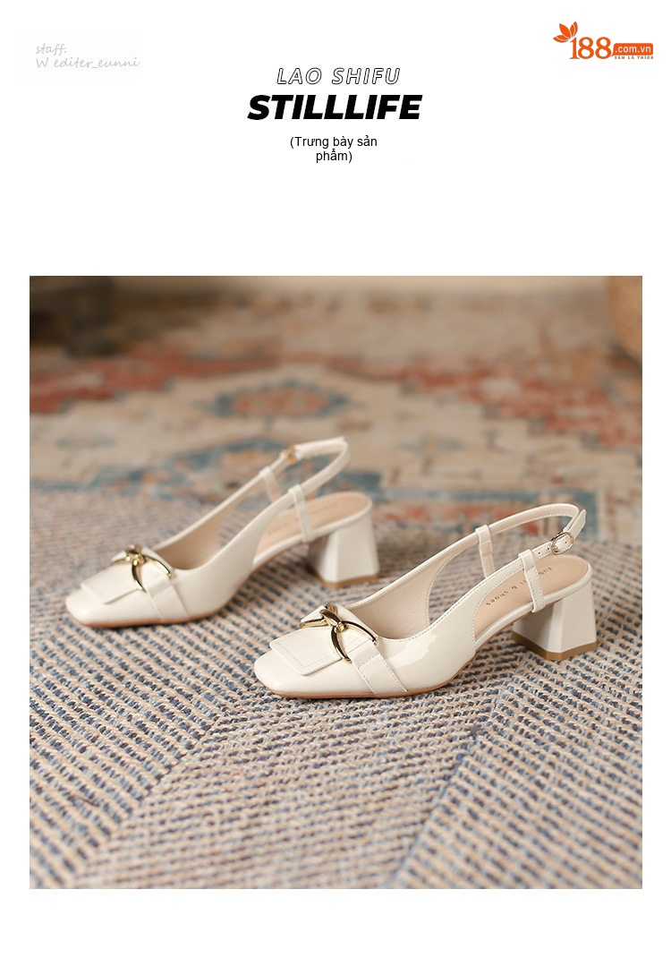 Giày Sandal Cao Gót Nữ Hở Gót Quai Mảnh Khóa Kim Loại Gót Vuông Da Bóng Gót Cao 7cm - 8cm Màu Đỏ, Kem, Nude chi tiết 16