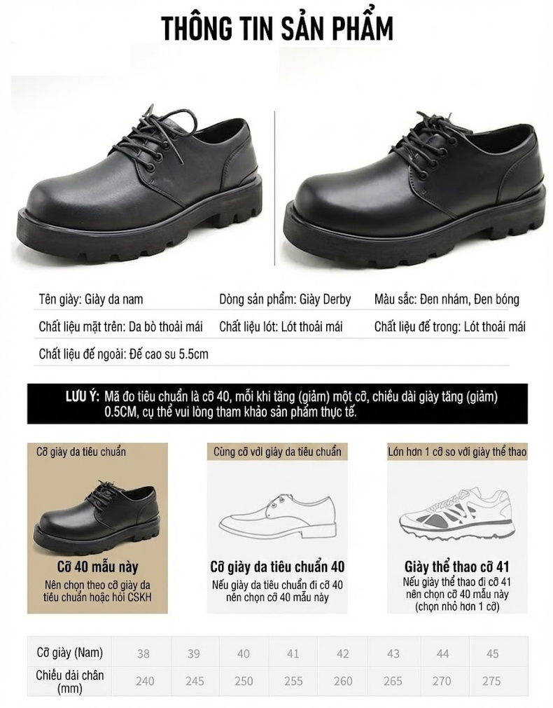 Giày Derby Nam Da Thật Đế Dày Chiều Cao 5.5cm Phong Cách Casual Màu Đen chi tiết 3