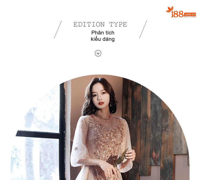 Váy Dự Tiệc Dáng Dài Tay Lỡ Màu Hồng Phấn, Be chi tiết 7