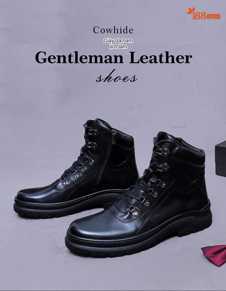 Giày Boot Nam Da Bò Cổ Cao Đế Dày Chiều Cao Đế Khoảng 5cm Phong Cách Anh Quốc Màu Đen, Nâu chi tiết 1