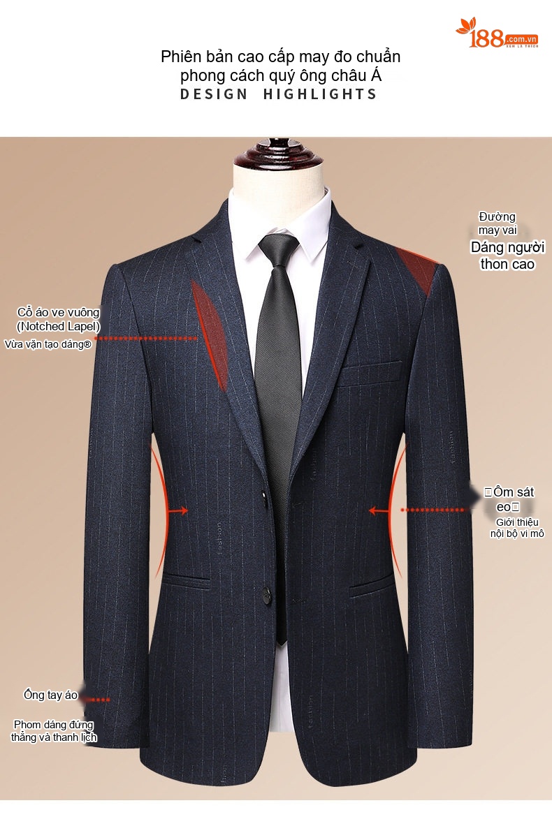 Bộ Vest Nam Kẻ Sọc Co Giãn Ôm Dáng Màu Xanh Đen chi tiết 4