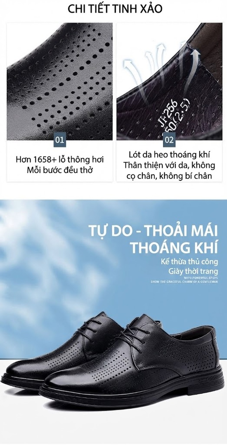 Giày Tây Buộc Dây Nam Da Thật Thoáng Khí Chiều Cao Đế Khoảng 3cm Màu Đen chi tiết 3