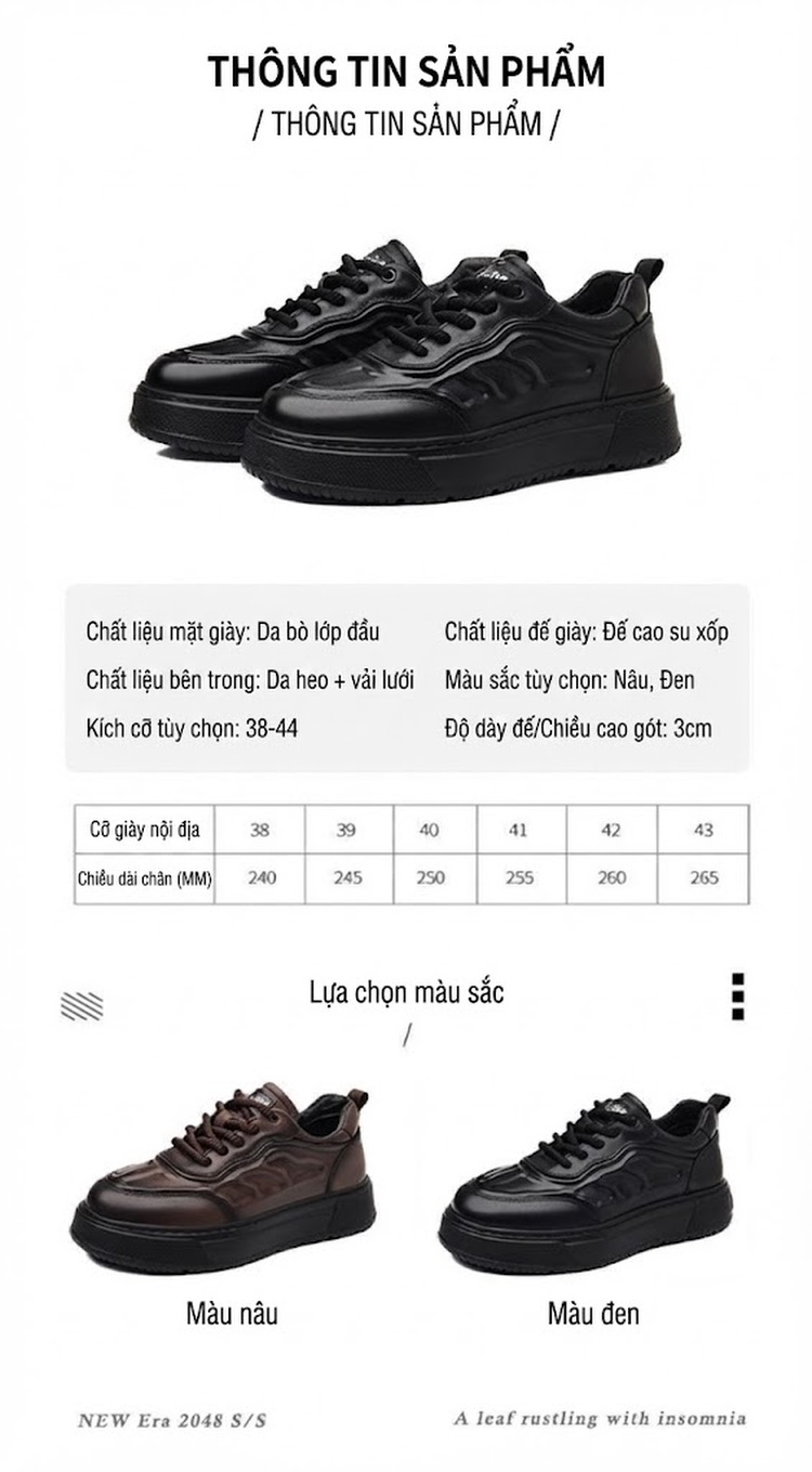 Giày Thể Thao Nam Da Bò Đế Dày Phong Cách Retro Chiều Cao Đế Khoảng 4cm Màu Đen, Nâu chi tiết 4