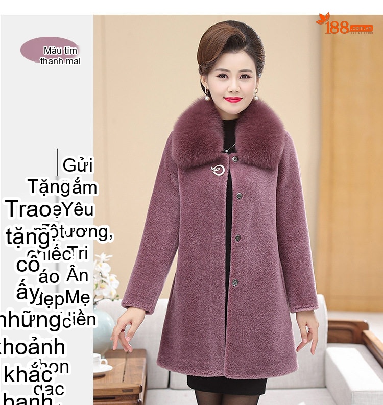 Áo Khoác Lông Cừu Hạt Dài Nữ Trung Niên Cổ Lông Cáo Dáng Dài Vừa Màu Đỏ Tía, Đen, Đỏ, Xám... chi tiết 15