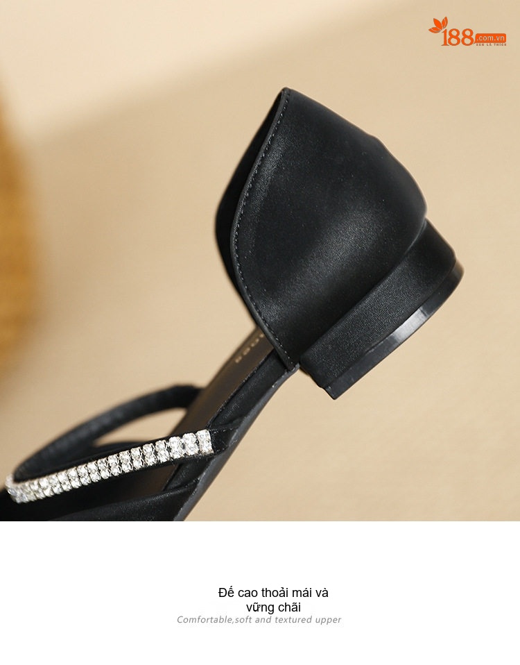 Giày Búp Bê Nữ Mũi Nhọn Hở Bên Chiều Cao Đế Khoảng 2cm Quai Ngang Đính Đá Phong Cách Tiểu Thư Màu Đen, Trắng chi tiết 8