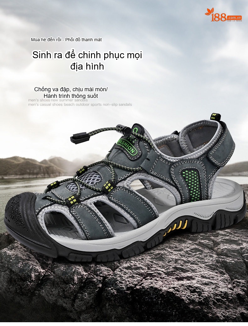 Sandal Nam Da Bò Mũi Bọc Dây Rút Thể Thao Thoáng Khí Đế Cao 3cm chi tiết 1