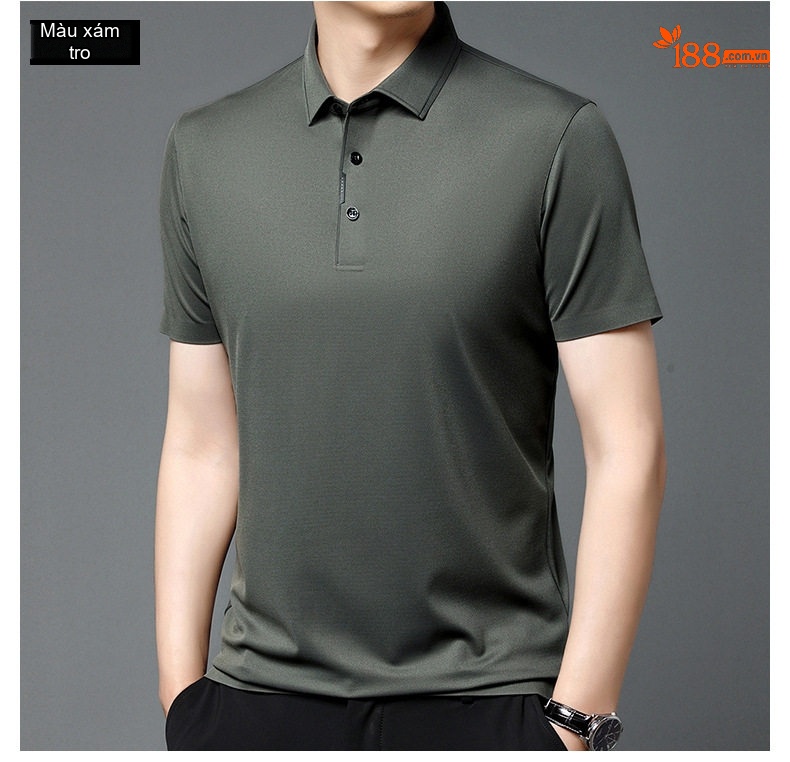 Áo Thun Polo Nam Tay Ngắn Lụa Tơ Tằm Trung Niên Màu Đỏ Rượu, Xám Đậm, Xanh Rêu, Xanh Đậm... chi tiết 7