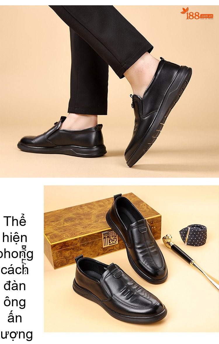 Giày Lười Nam Da Bò Chiều Cao Đế Khoảng 3cm Màu Đen chi tiết 11