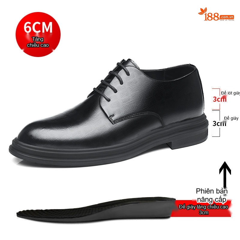 Giày Tây Buộc Dây Nam Da Bò Chiều Cao Đế 8cm Thoáng Khí Màu Đen