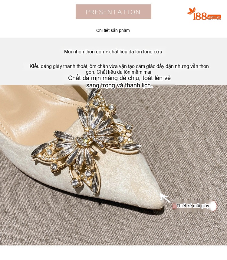Giày Cao Gót Nữ Nỉ Chiều Cao Đế Khoảng 5cm Mũi Nhọn Gắn Đá Màu Đen, Trắng, Xám chi tiết 7