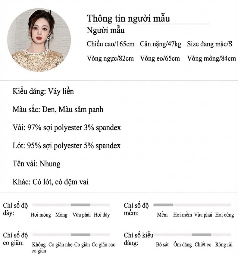 Váy liền thân Nữ Thiết Kế Pháp Cách Điệu Bèo Nhún Chất Nhung Tôn Dáng Màu Đen, Vàng chi tiết 2