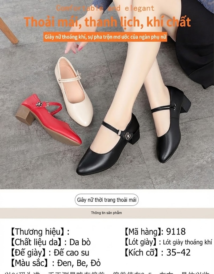 Giày Búp Bê Nữ Da Thật Quai Ngang Chiều Cao Đế Khoảng 4cm Màu Đen, Kem, Đỏ chi tiết 2