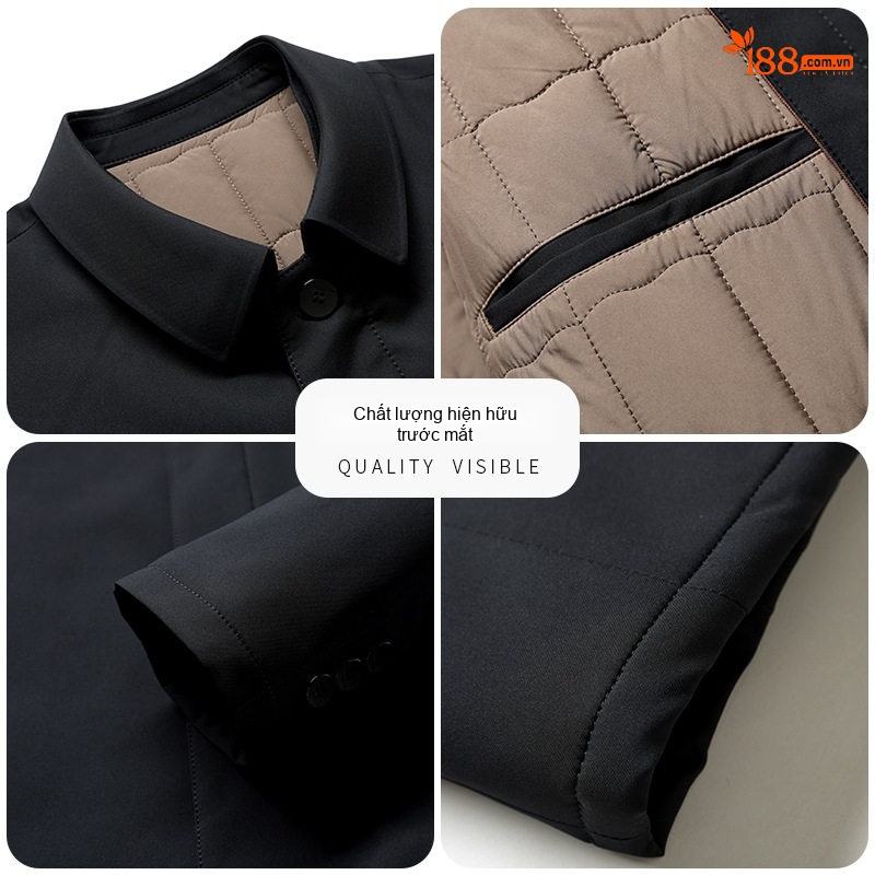 Áo Khoác Cotton Nam Cổ Bẻ Lót Bông Giữ Ấm Phong Cách Doanh Nhân Màu Đen