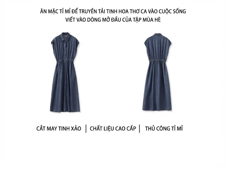 Váy Jean Thiên Sứ Nữ Dáng Suông Cổ Bẻ Tay Cộc Phong Cách Hàn Quốc Màu Xanh Jean chi tiết 3