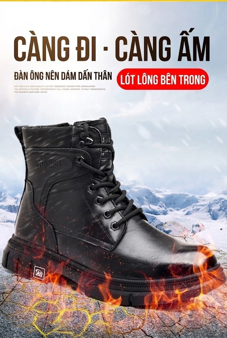 Giày Martin Nam Da Bò Cổ Cao Có Dây Khóa Bên Hông Chiều Cao Đế Khoảng 4cm Màu Đen chi tiết 4