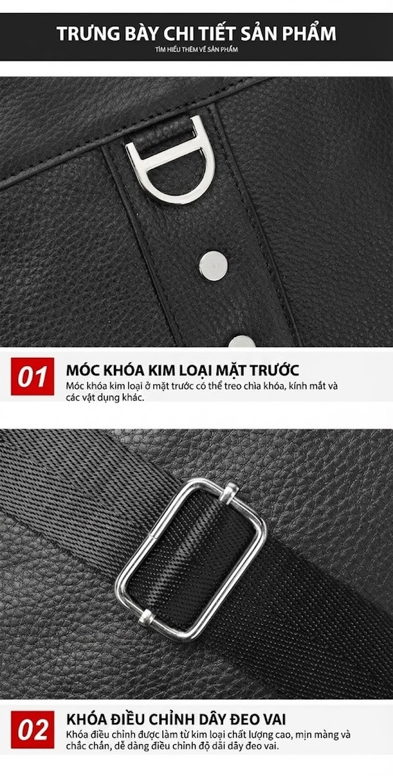 Túi Đeo Chéo/Đeo Vai Nam Da Bò Thật Dung Tích Lớn Phong Cách Doanh Nhân Màu Đen chi tiết 25
