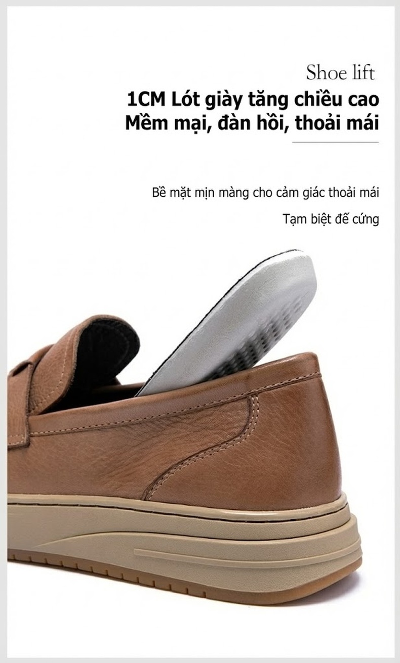 Giày Lười Nam Da Bò Thoáng Khí Chiều Cao Đế Khoảng 3cm Màu Nâu, Đen chi tiết 10