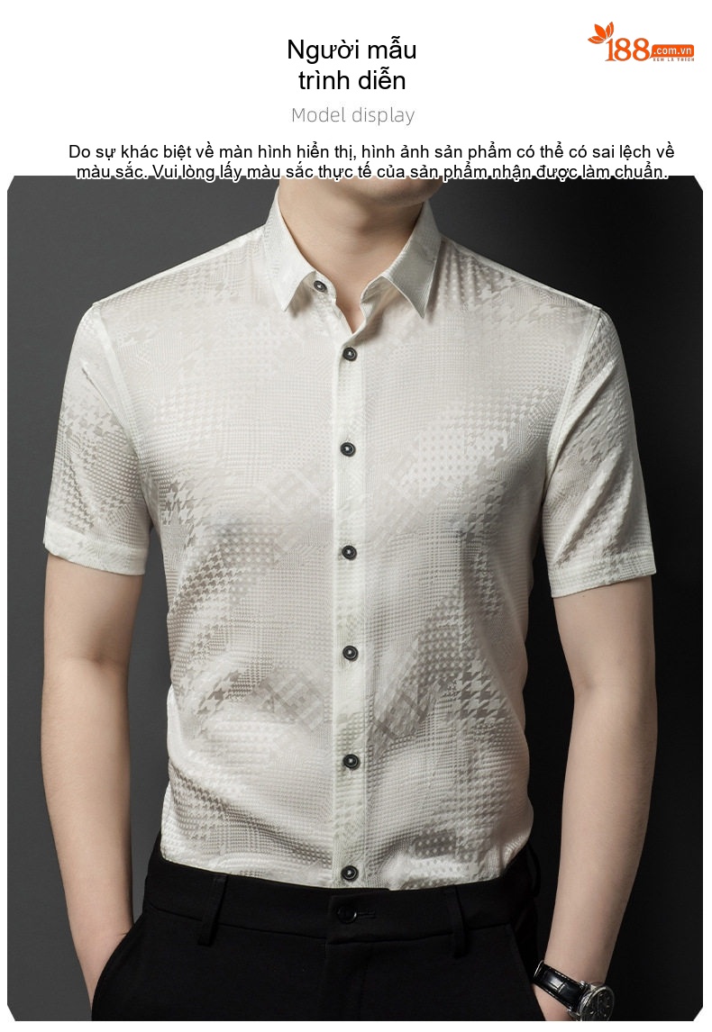 Áo Sơ Mi Nam Tay Ngắn Tơ Tằm Họa Tiết Jacquard Cao Cấp Màu Trắng, Đen, Xanh Ngọc chi tiết 10