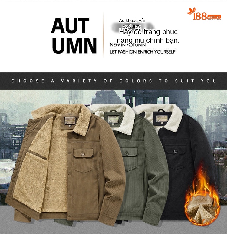 Áo Khoác Bông Nam Dáng Rộng Cổ Bẻ Lót Lông Cừu Non Vải Cotton Gân Màu Đen, Xanh Rêu, Nâu chi tiết 1
